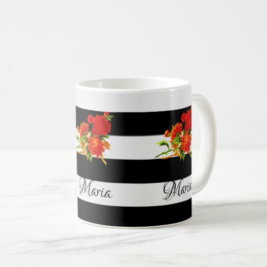 Floral Black en White Stripe Mok (Voorkant rechts)