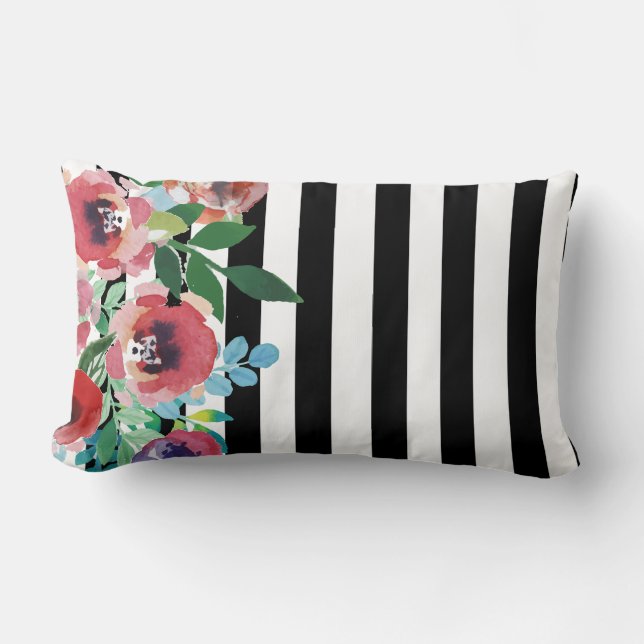 Floral Black en White Stripe Pillow Kussen (Voorkant)