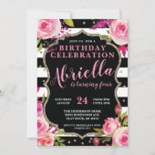 Floral Black en White Stripes Invitation Kaart (Voorkant)