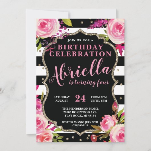 Floral Black en White Stripes Invitation Kaart (Voorkant)