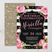 Floral Black en White Stripes Invitation Kaart (Voorkant / Achterkant)