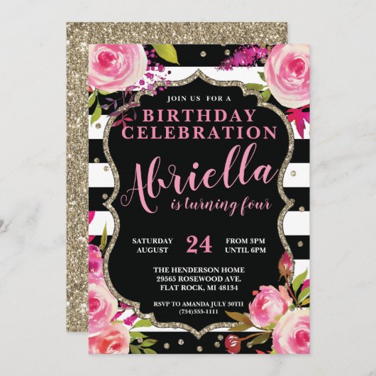 Floral Black en White Stripes Invitation Kaart (Voorkant / Achterkant)