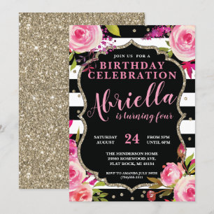Floral Black en White Stripes Invitation Kaart