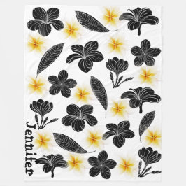 Floral Black en Yellow Orchid Fleece Blanket Deken