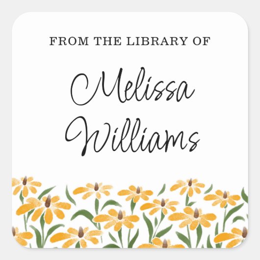 Floral Black-Eyed Susan Waterverf Bookplate Vierkante Sticker (Voorkant)