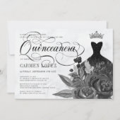 Floral Black Glitter Princess Tiara Quinceanera Kaart (Voorkant)