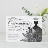 Floral Black Glitter Princess Tiara Quinceanera Kaart (Staand voorkant)