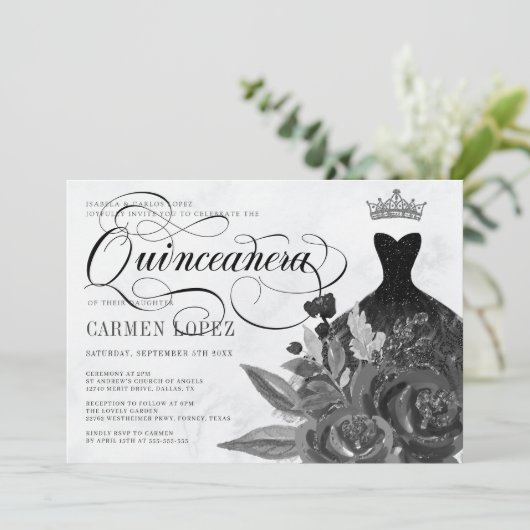 Floral Black Glitter Princess Tiara Quinceanera Kaart (Staand voorkant)