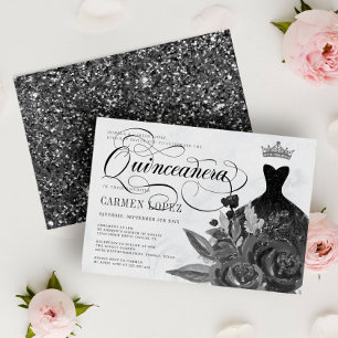 Floral Black Glitter Princess Tiara Quinceanera Kaart