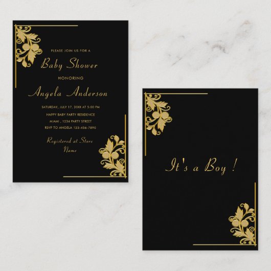 Floral Black Gold Baby Shower-uitnodiging Notitiekaartje (Voorkant / Achterkant)