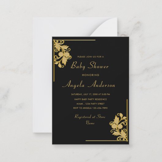 Floral Black Gold Baby Shower-uitnodiging Notitiekaartje (Voorkant)