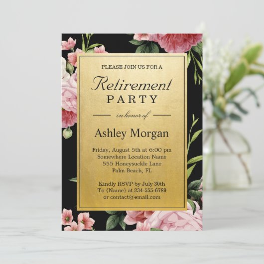 Floral Black Gold Classy Retirement Party Kaart (Staand voorkant)