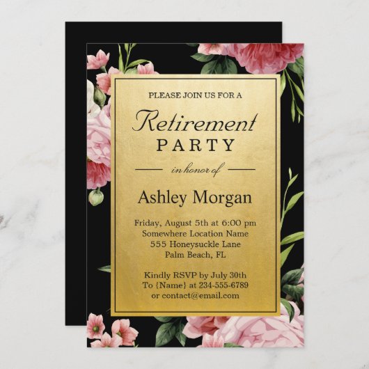  Floral Black Gold Classy Retirement Party Kaart (Voorkant / Achterkant)