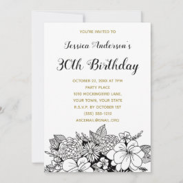 Floral Black Gold Dertieth 30th Birthday Invite Kaart