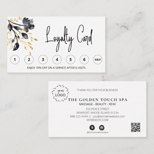 *~* FLORAL Black Gold QR LOGO Rewards Hartelijk da Klantenkaartje (Voorkant / Achterkant)