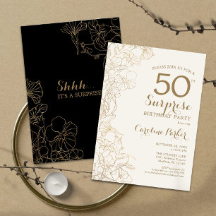 Floral Black Gold Surprise 50th Birthday Party Kaart