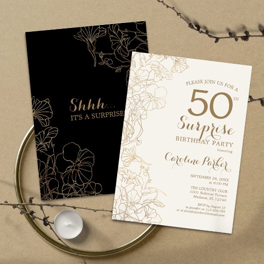 Floral Black Gold Surprise 50th Birthday Party Kaart
