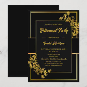 Floral Black Gold Surprise Retirement Party 2024 Kaart