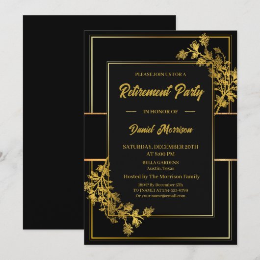 Floral Black Gold Surprise Retirement Party 2024 Kaart (Voorkant / Achterkant)