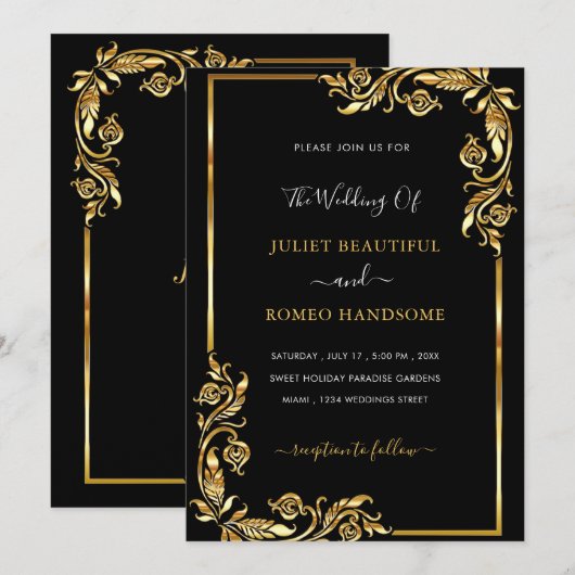 Floral Black Gold Wedding Invitation Sjabloon (Voorkant / Achterkant)