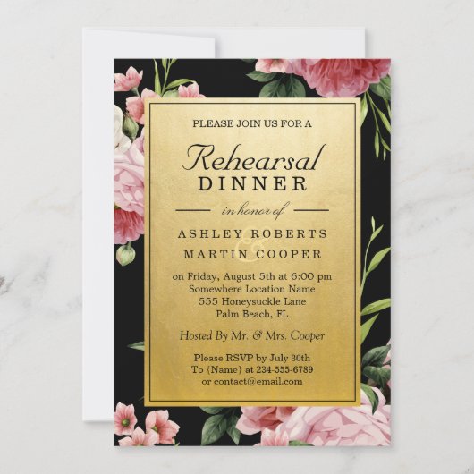  Floral Black Gold Wedding Rehearsal Dinner Kaart (Voorkant)