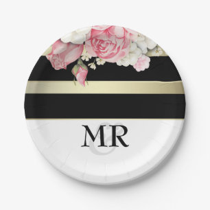 Floral  Black Gold White Stripes Wedding Papieren Bordje