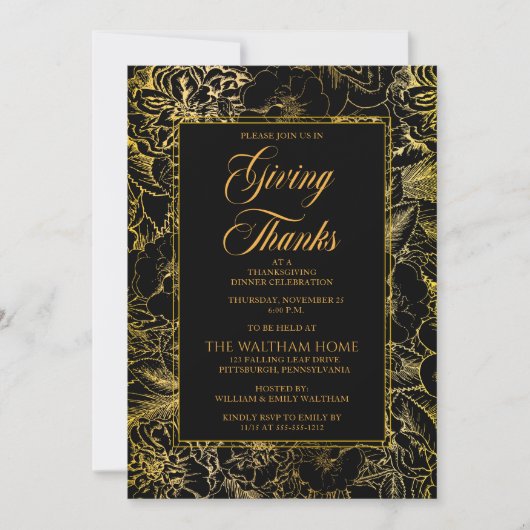  Floral Black | Goud Thanksgiving Kaart (Voorkant)