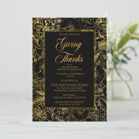 Floral Black | Goud Thanksgiving Kaart (Staand voorkant)