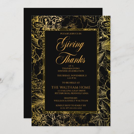  Floral Black | Goud Thanksgiving Kaart (Voorkant / Achterkant)