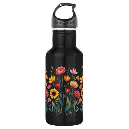 Floral Black Herbruikbare Waterfles (Voorkant)