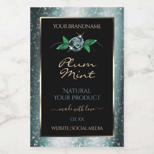 Floral Black met donkere Blauwgroen Glitter Produc Voedselcontainer Etiket (Enkel label)