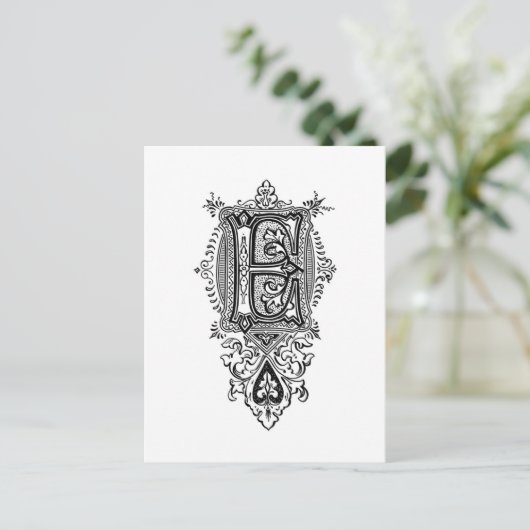  Floral Black Monogram E Briefkaart (Staand voorkant)