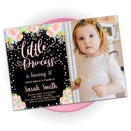 Floral Black Princess Birthday-uitnodigingen W Fot Kaart