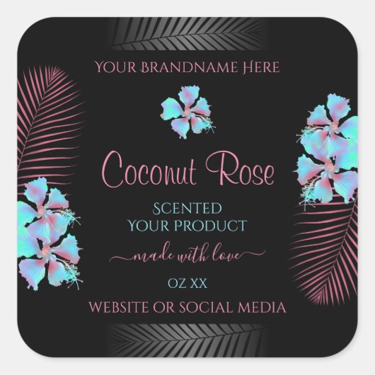 Floral Black Product Labels Blauwgroen en roze blo (Voorkant)