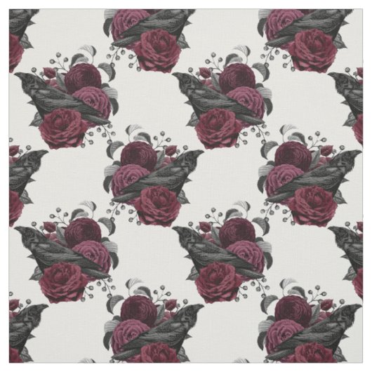 Floral Black Raven op White Stof (Swatch)