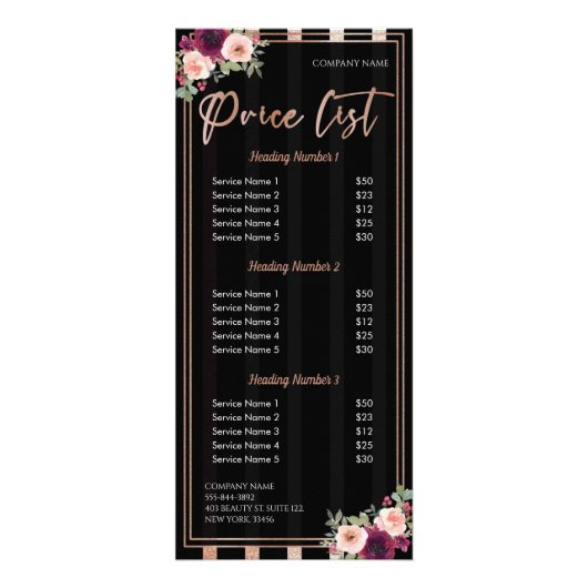 Floral Black Roos Gold Glitter Salon Reclamekaart (Voorkant)