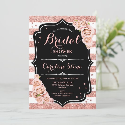 Floral Black Roos Gold Stripes Vrijgezellenfeest Kaart (Staand voorkant)