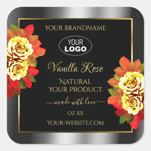 Floral Black Silver Gold Product Labels Roos Logo (Voorkant)