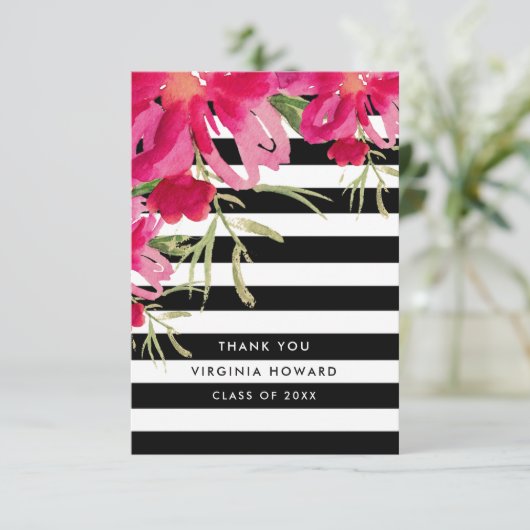 Floral | Black Stripes Afstuderen bedankje Kaart (Staand voorkant)