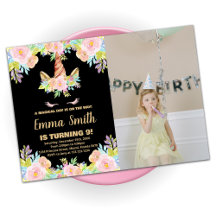 Floral Black Unicorn Birthday met foto