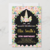 Floral Black Unicorn Birthday-uitnodigingen Kaart (Voorkant)