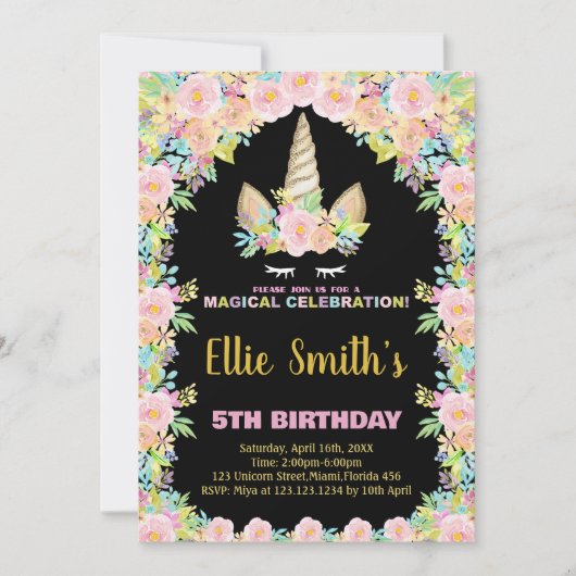 Floral Black Unicorn Birthday-uitnodigingen Kaart (Voorkant)