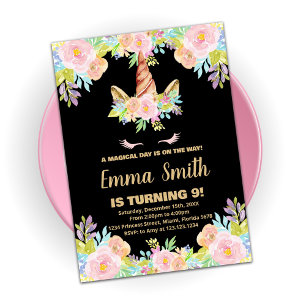Floral Black Unicorn Birthday-uitnodigingen Kaart