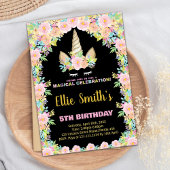 Floral Black Unicorn Birthday-uitnodigingen Kaart