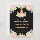 Floral Black Unicorn Birthday-uitnodigingen Kaart (Voorkant)