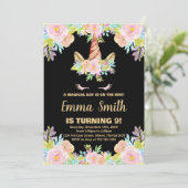 Floral Black Unicorn Birthday-uitnodigingen Kaart (Staand voorkant)