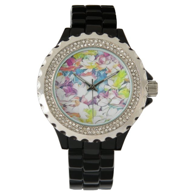 Floral Black Watch met drijvend effect Horloge (Voorkant)