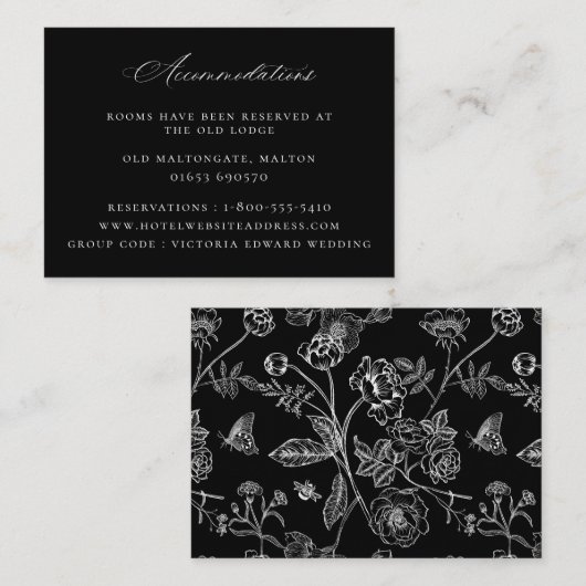  Floral Black Wedding Accommodations Informatiekaartje (Voorkant / Achterkant)