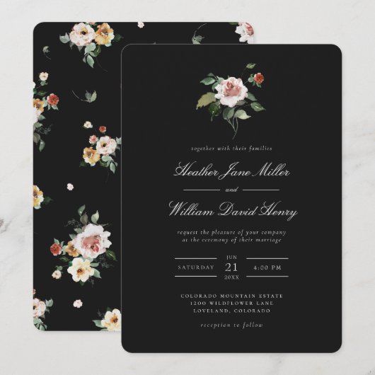 Floral Black Wedding Kaart (Voorkant / Achterkant)