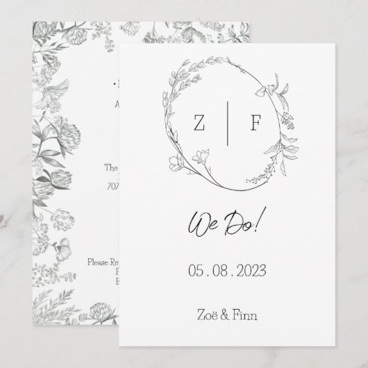 Floral Black & White Botanical Line Art Invitation Kaart (Voorkant / Achterkant)